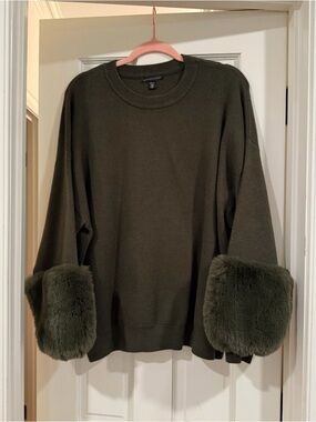 Saks Fifth Avenue Olive Green Crewneck Sweater with Faux Fur Cuffs